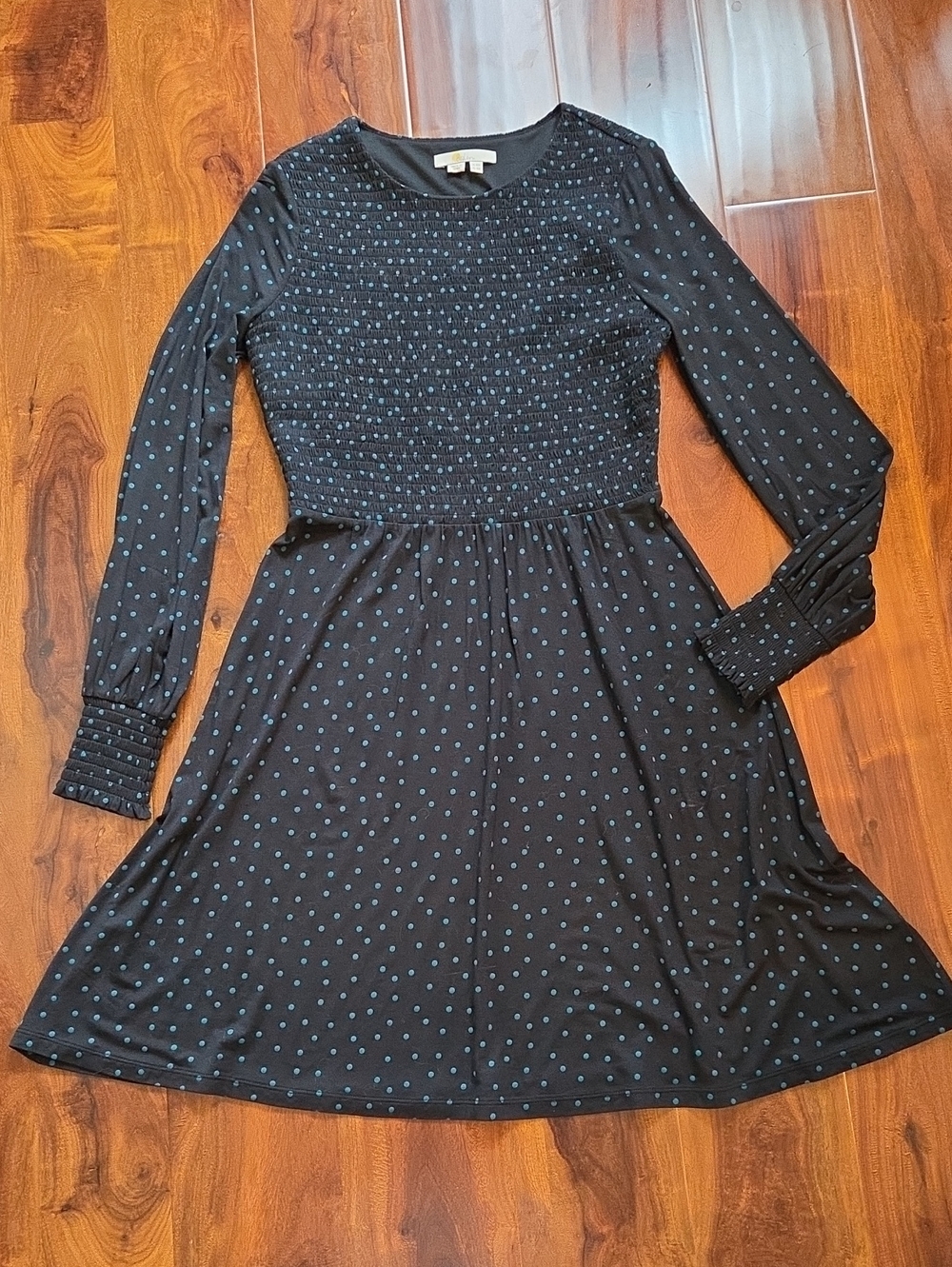 Boden Black Long-Sleeve Smocked Polka Dot Dress with Teal Dots
